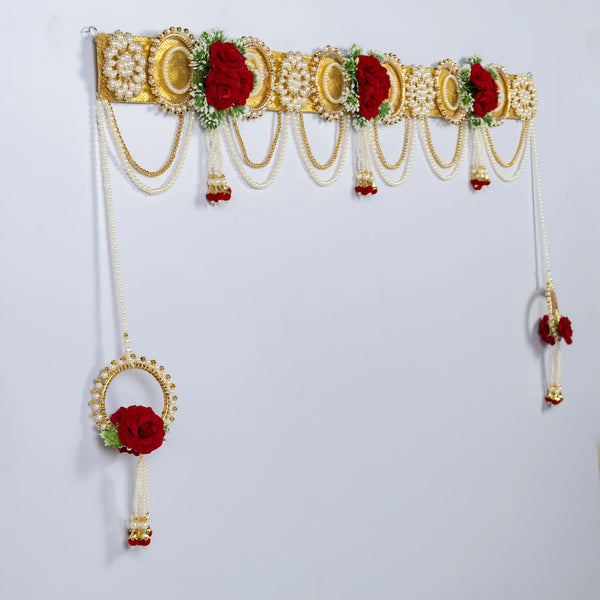 Red Three Flower Toran with pearl work